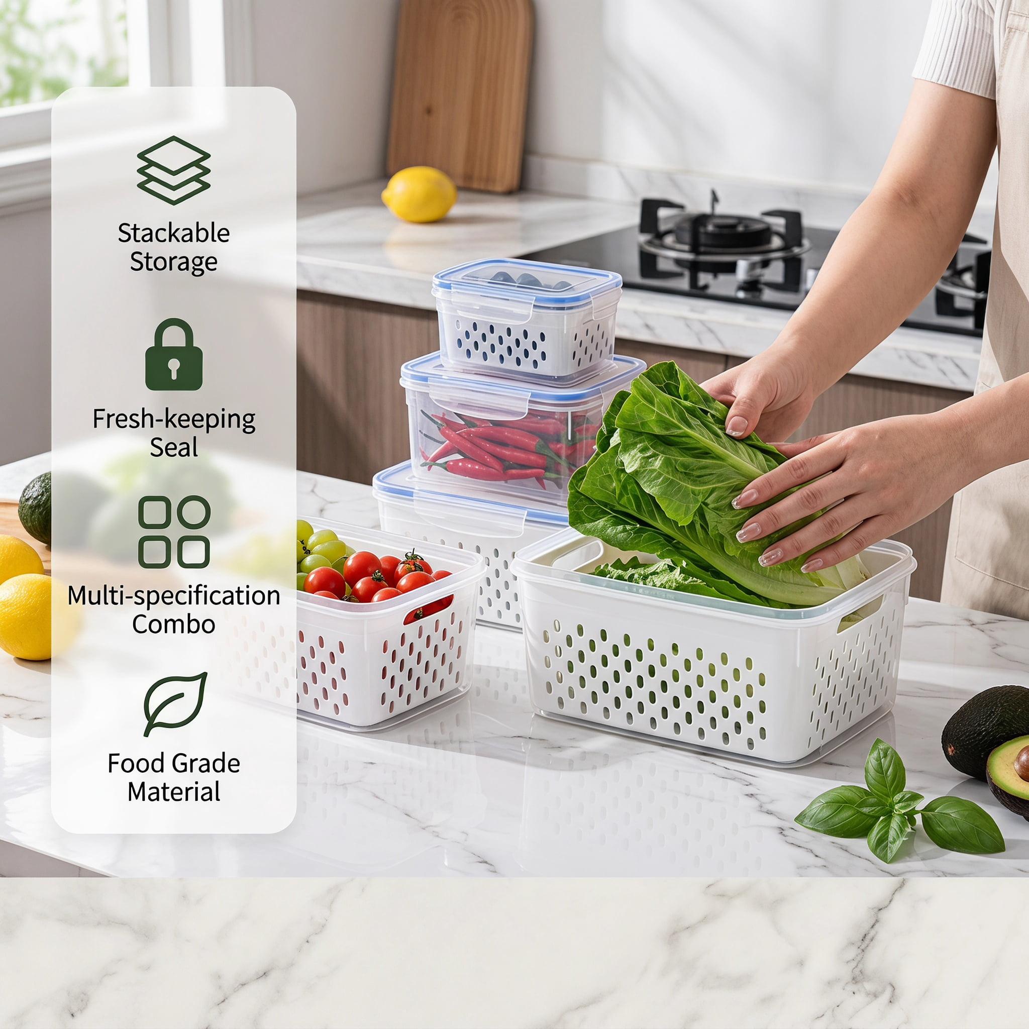 Fruit Storage Containers for Fridge, Removable Colander, Airtight Produce Saver, Dishwasher Safe Berry Keeper, 3 Sizes with Lids(3-Piece Set,Grey)