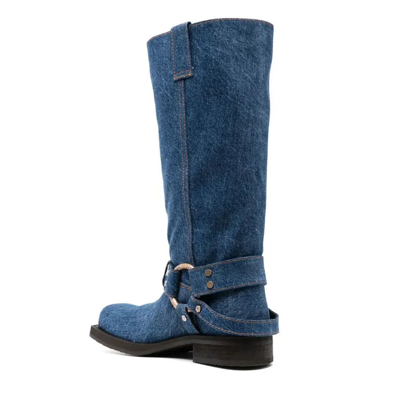 Blue Denim Riveted Women Motorcycle Boots Belt Buckle Design 3.5cm Thick Heel Knight Knee High Boots European American Style 44