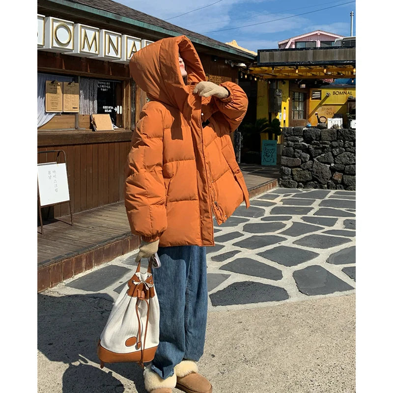 Solid Color Down Jacket Women Hooded Coat Stand Collar Fashion American Streetwear Duck Down Feather Female Winter Short Outwear