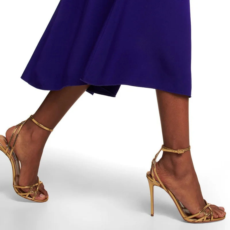 Gold Color Hollow Out Sandals Lady Fashion Pumps Thin Heel Buckle Strap Dress Shoes Woman Sexy Party High Heels