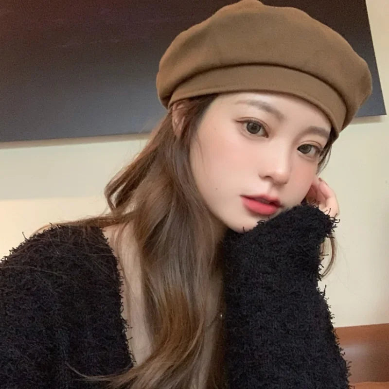 Cotton Women Berets Winter Hats Vintage French Plaid Top Military Cap Painter Hat 2021 Autumn Street Girls Octagonal Beret Caps