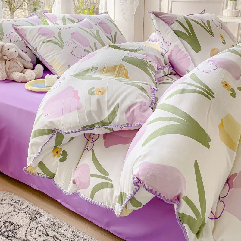 Pastoral Girls Flower Bedding Sets, Washed Cotton Bed Linens, Soft Quilt Cover Sheet Set, Simple Bedspread, Home Textiles