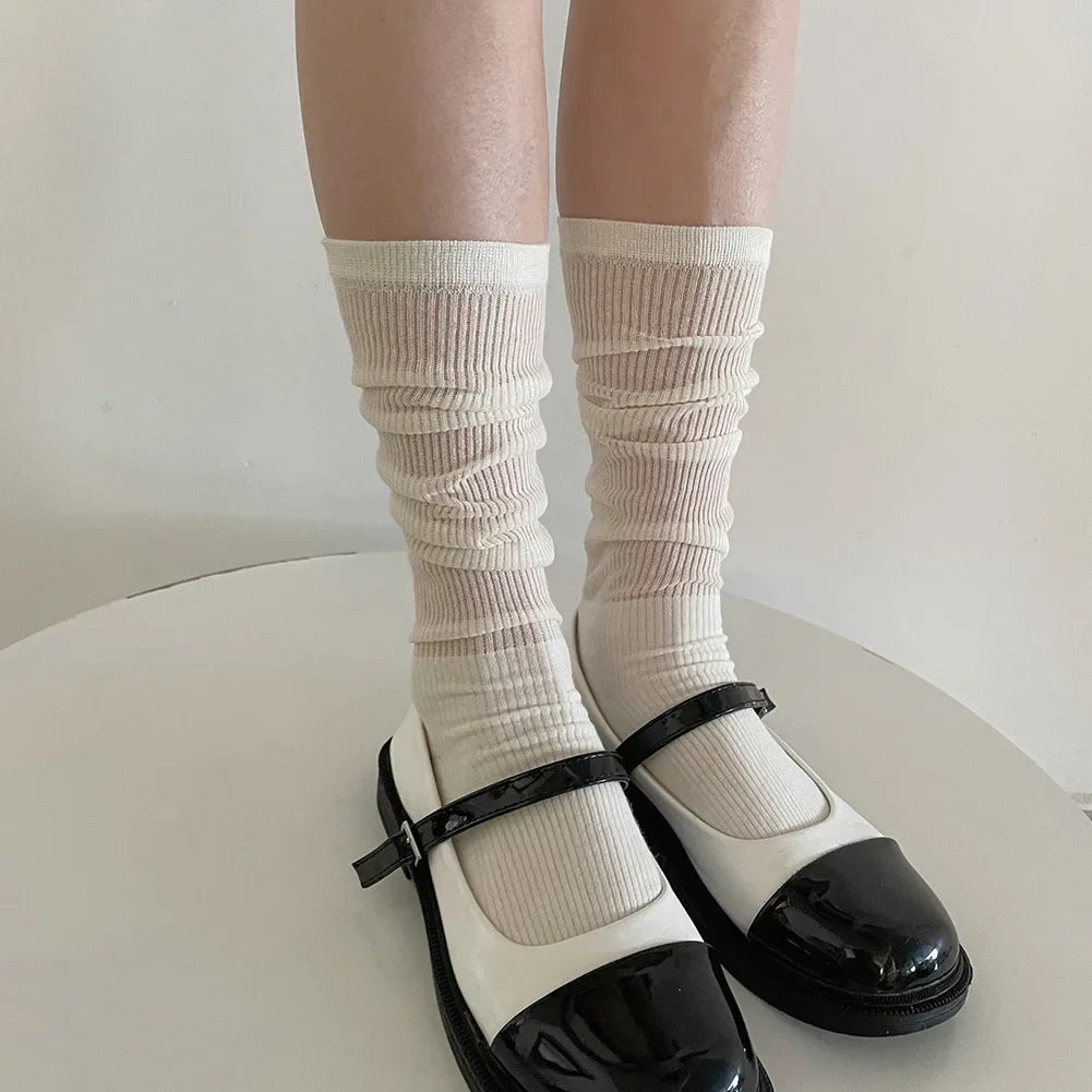 Women Socks Spring Summer New JK Sweet Cool Girl Knitted Black White Ins Fashion Thin Transparent Loose Calf Socks