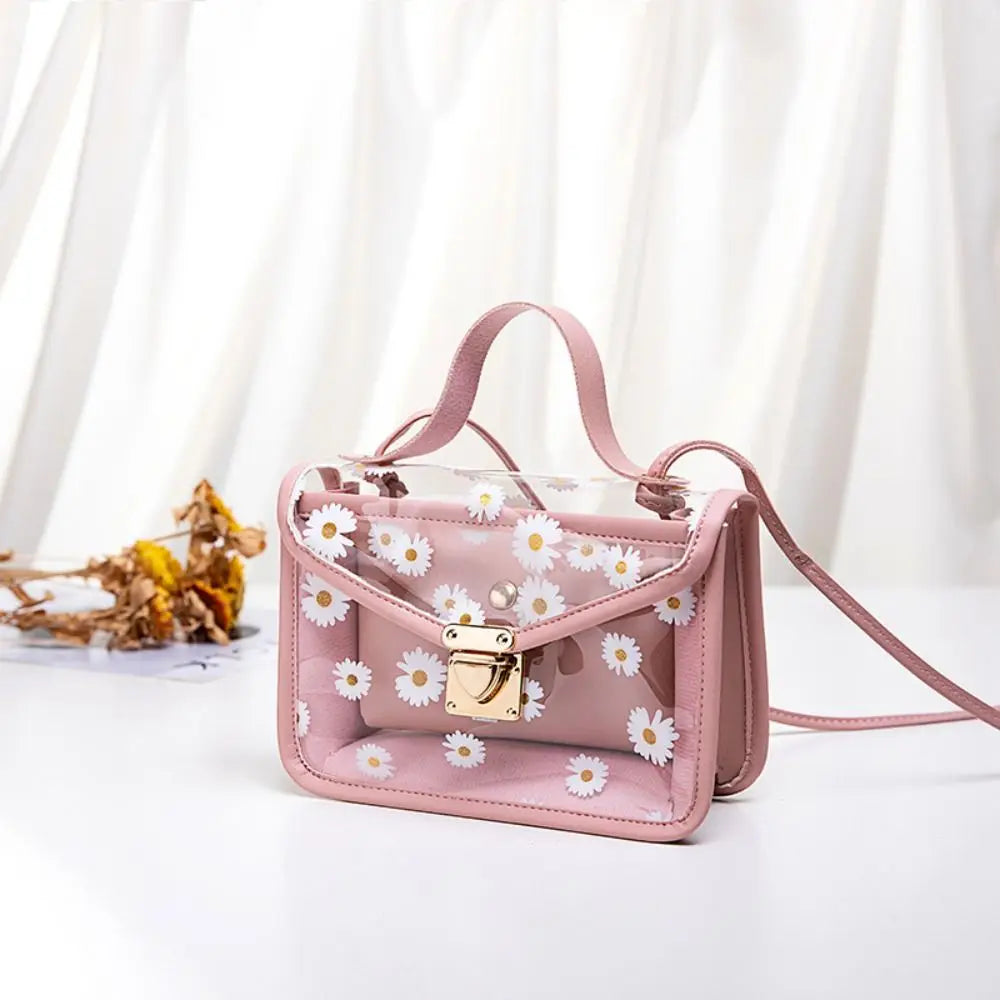 Fashion Women Transparent Daisy Pattern Shoulder Bag Hardware Chain Strap Messenger Handbag Composite Tote