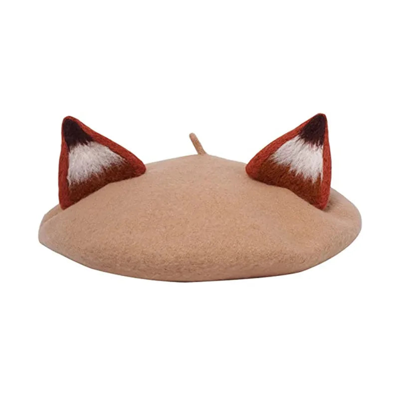 Women Winter Nick Fox Ear Beret Handmade Adult Size Hat Vintage Painter Wool Cap Gift High Quality Wholesale