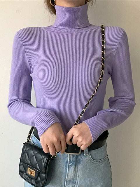 New 2022 Women Pullover Turtleneck Sweater Autumn Long Sleeve Slim Elastic Korean Simple Basic Cheap Jumper Solid Color Top