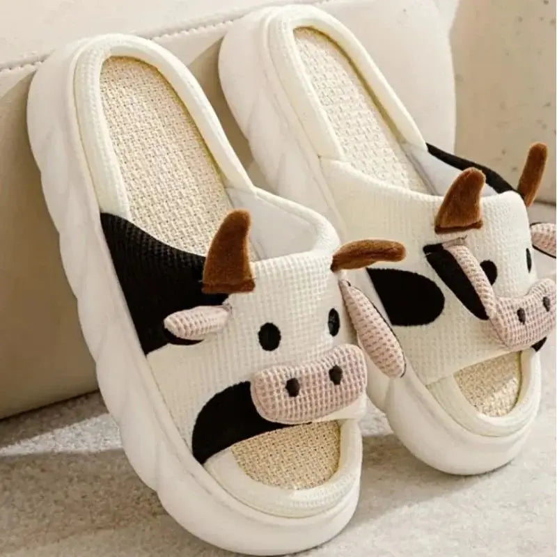 Four Seasons Universal Indoor Home Cotton Linen Sandals Cute Cartoon Cow Linen Slippers Non-slip