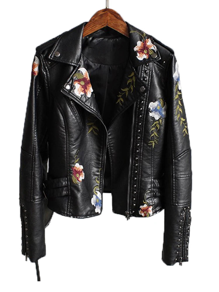 Women Floral Print Embroidery Faux Soft Leather Jacket Coat  Turn-down Collar Casual Pu Motorcycle Black Punk Outerwear