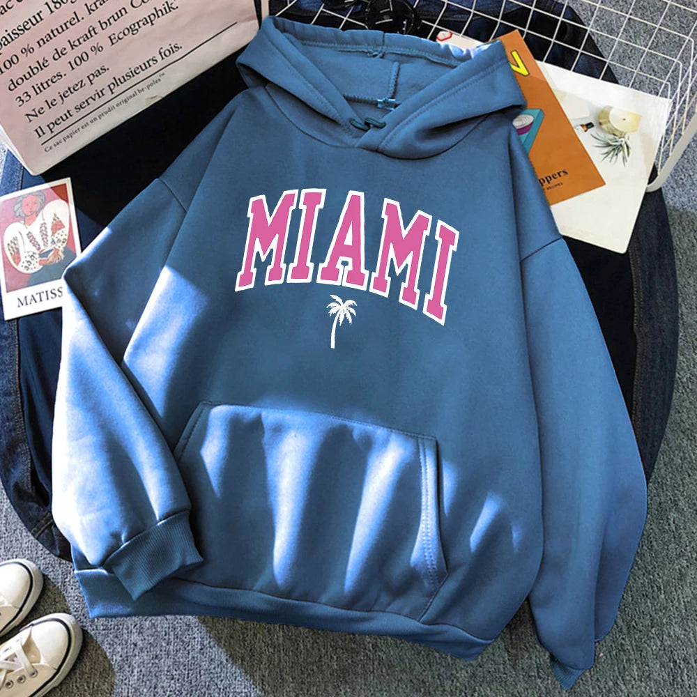 Miami Beach, Florida Usa Street Womens Hoodie Street Loose Hoodies Breathable Fleece Streetwear Casual Fleece Female Clothing