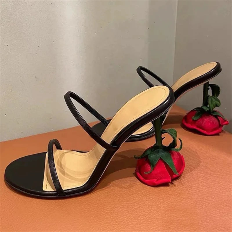 Designer Women Slippers Rose Strange High Heels Straps Ladies Outside Slides Prom Pumps Black Dress Shoes Gladiator Sandals