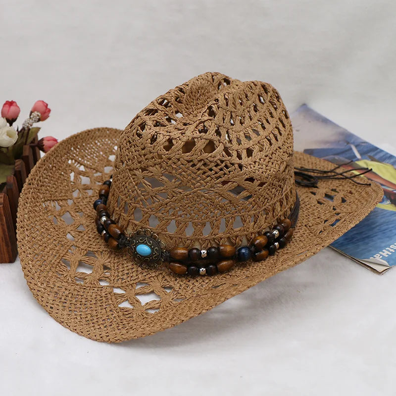 Straw Hat  Women Men Summer Handmade  Vintage Hollow Western  brim Sun Protection Fisherman Mountaineering Bohemian Chain Jewel