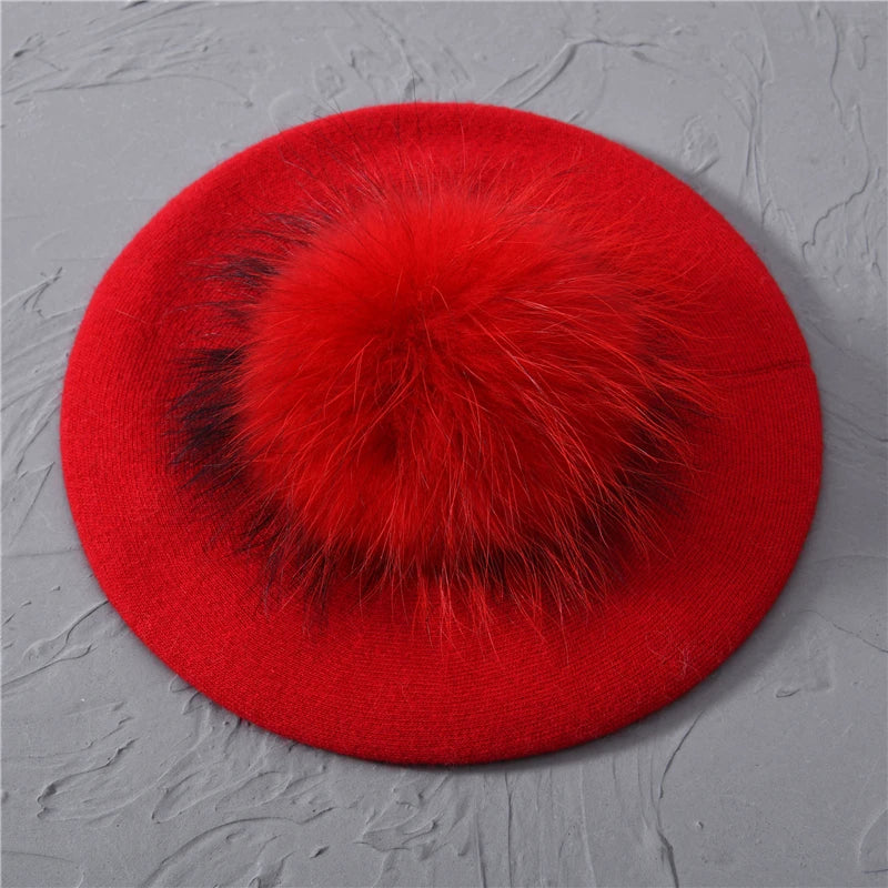 Jaxmonoy Winter Female Beret Women Hat Big Real Raccoon Fur Pompom Beret Wool Cashmere Natural Fur Ball Fashion Beret Cap Female