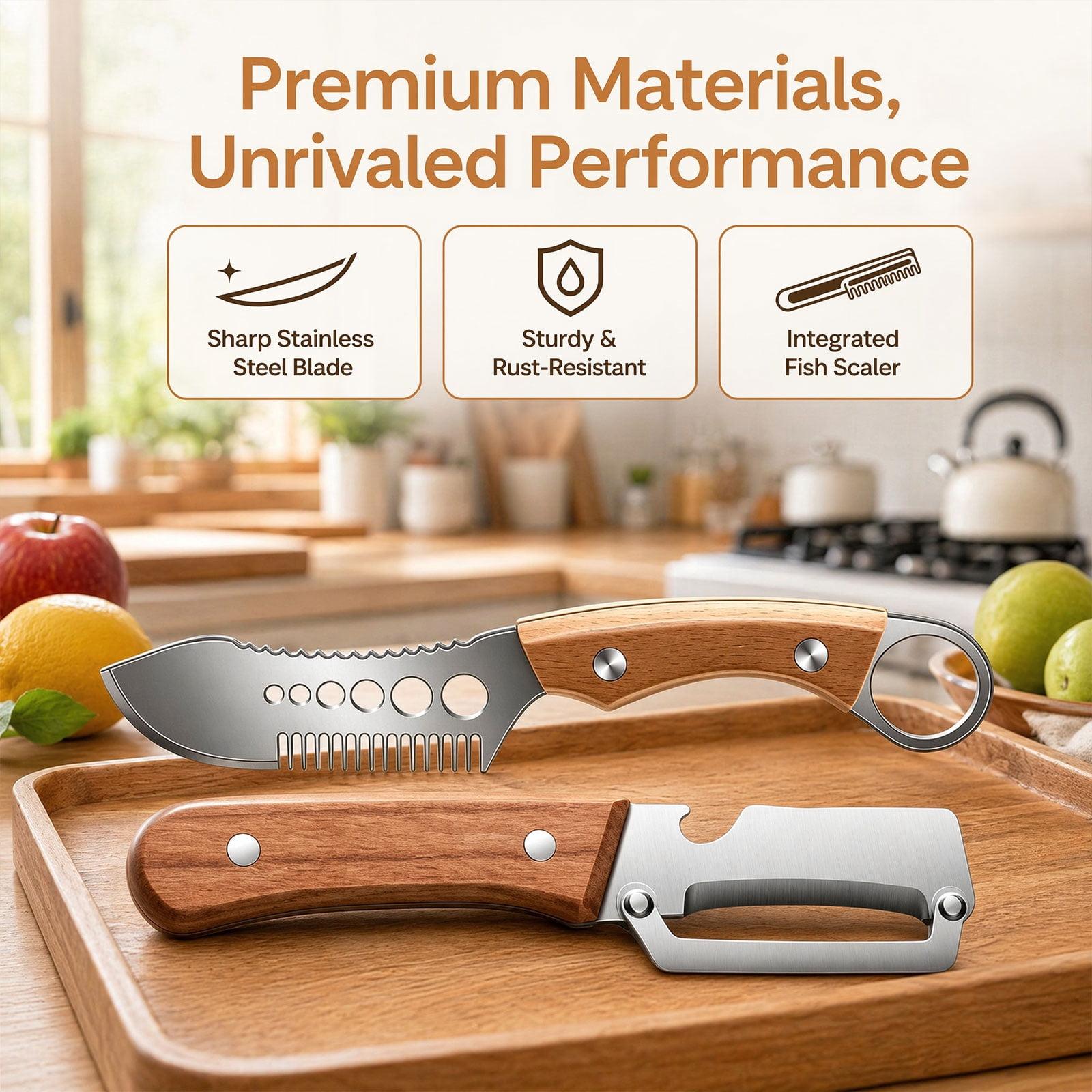 Multi-Functional Vegetable Peeler, Stainless Steel Blade with Wooden Handle, Fish Scaler, 3-in-1 Fruit Peeler with Bottle Opener & Grater