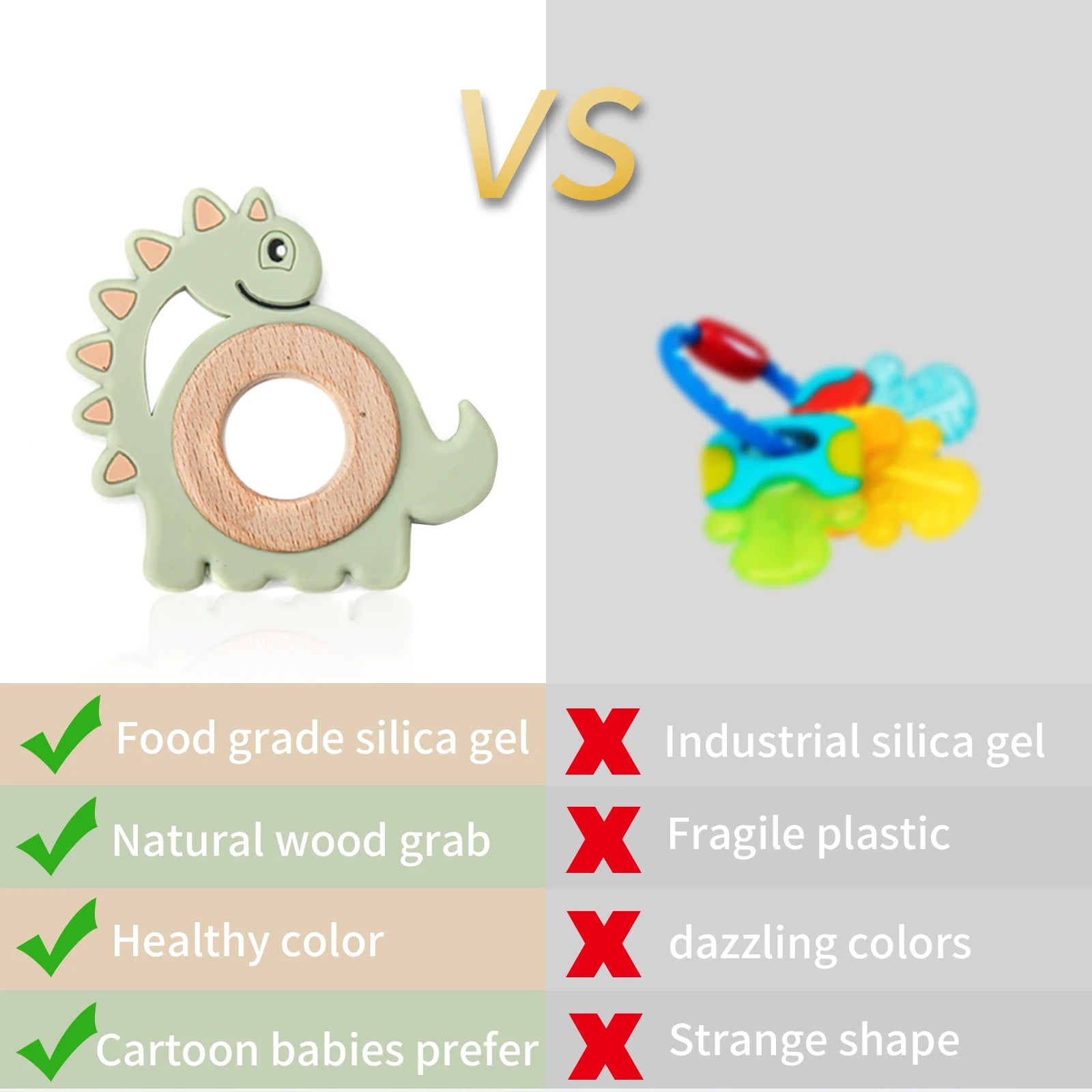 1PCS  New Animal Dinosaur Silicone Teether Beech Wooden Rattle Baby Oral Care Products Teether BPA-Free Teething Toys For Kids