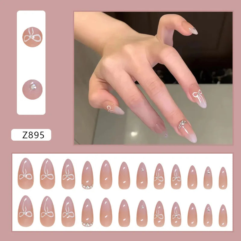 24pcs/set French Strawberry Butterfly Cat Eye Press on Nails Fake Nails Manicure Detachable Nail Tips Oval False Nails Full Set