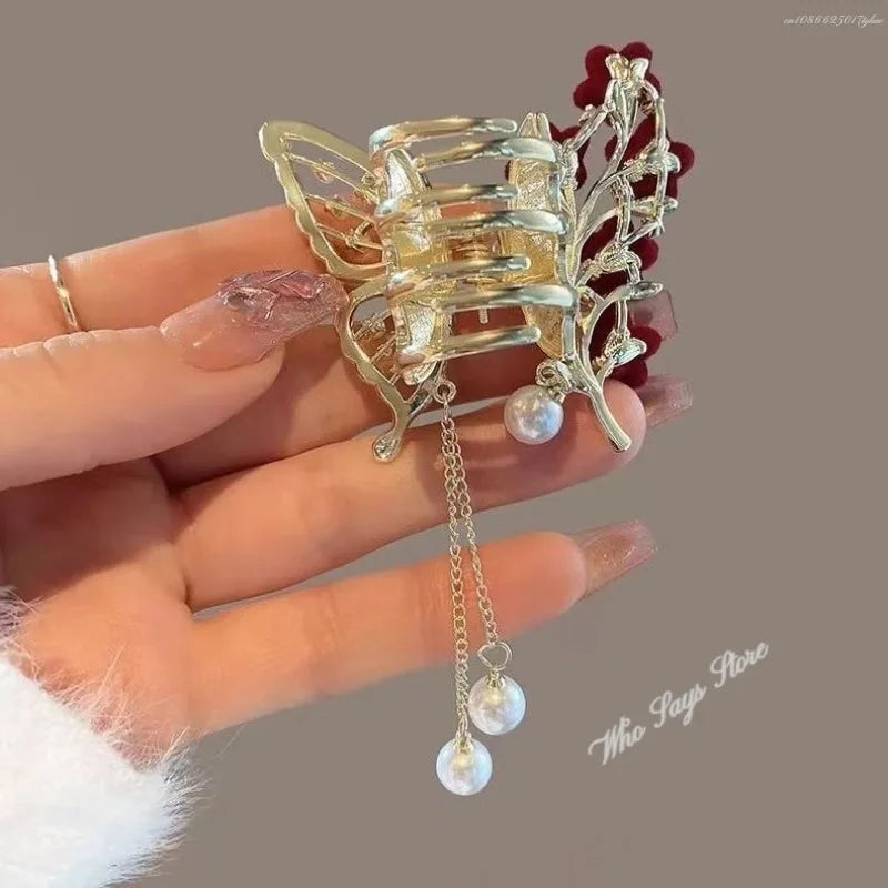 Exquisite Rhinestone Butterfly Fringe Hair Claw Clips Korean New Ponytail Braid Pearl Hairpin Girl Crab Metal Headdress Gift