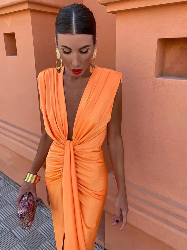 Elegant Solid Pleated Slim Sleeveless Midi Dress Women Sexy Deep V Neck High Slit Robe 2024 Summer Chic Lady Party Street Wear