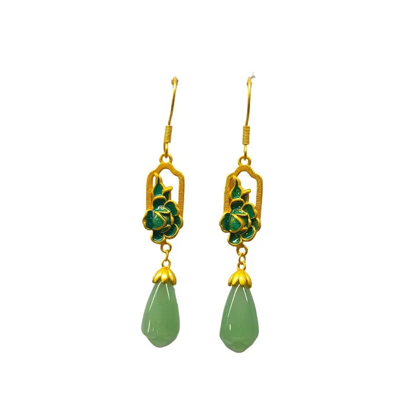 Real Jade Flower Earrings Natural Jewelry Energy Accessories 18K Gold Plated Gemstone Stone Vintage Luxury Gifts Charm Carved