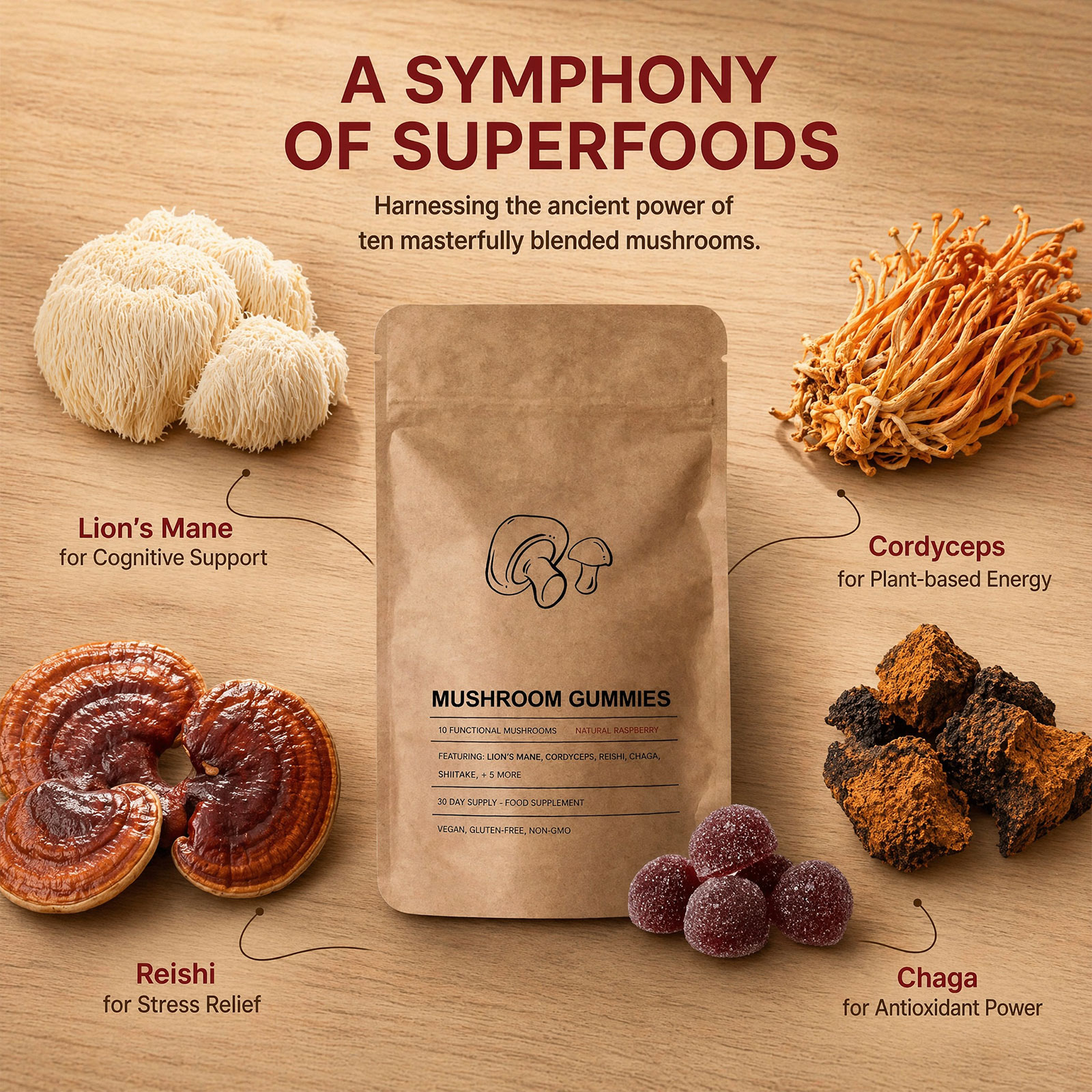 10-in-1 Mushroom Gummies High Strength 2500mg, Vegan Multi Mushroom Complex with Lion’s Mane, Reishi, Chaga, Shiitake ,10 Varieties, Vegan Mushroom Gummies for Women & Men, 60 Gummies