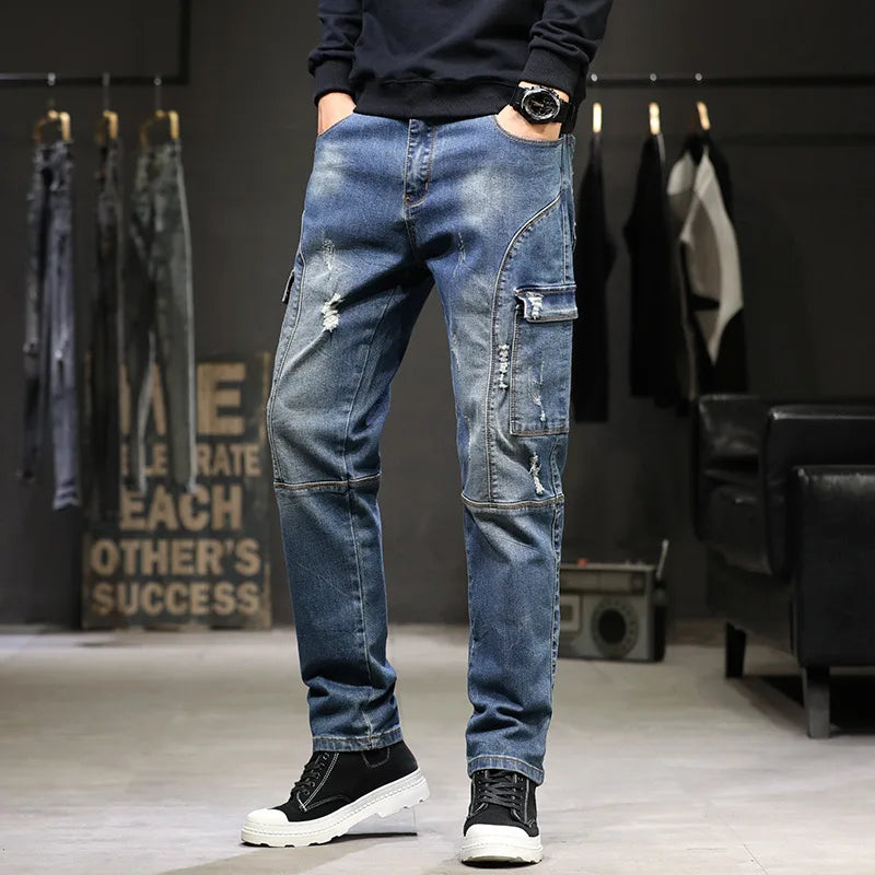 Multi-Pocket Baggy Jeans Mens Streetwear Cargo Denim Pants Straight Jean Trousers Plus Size 40 42 44