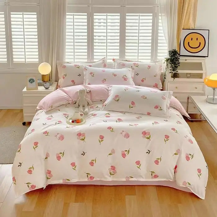 Cute Pink Strawberry Duvet Cover Flat Sheet Pillowcase Floral Bedding Set Girls Bed Linen Soft Thick Washed Cotton Bedclothes