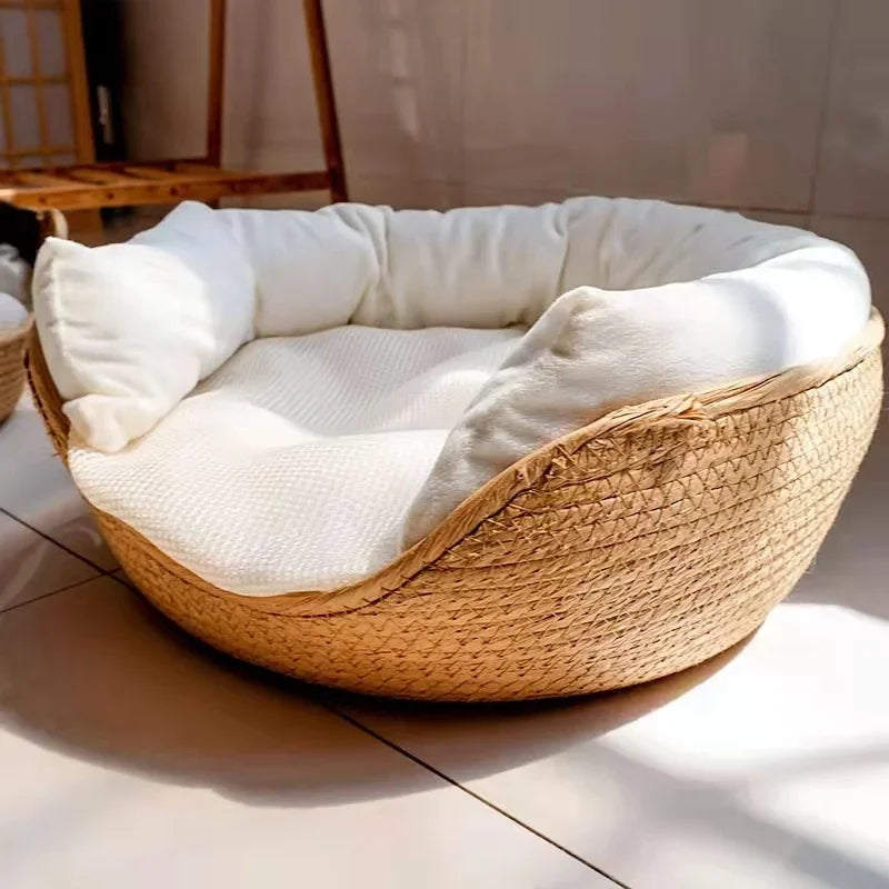 Pet Cat Mat Dog Bed Sofa Handmade Bamboo Weaving Four Season Cozy Nest Baskets Waterproof Removable Cushion Sleeping House