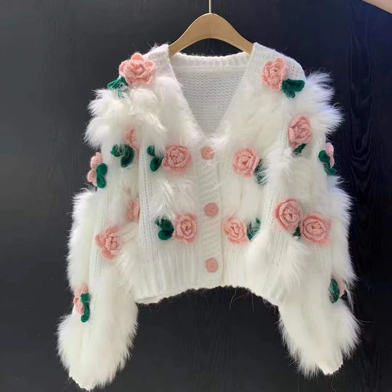 Harajuku Cropped Knitted Cardigan Women Y2K 3D Flower Sweater Coat Streetwear Oversized Knitwear Jacket Winter Jumpers Outwear