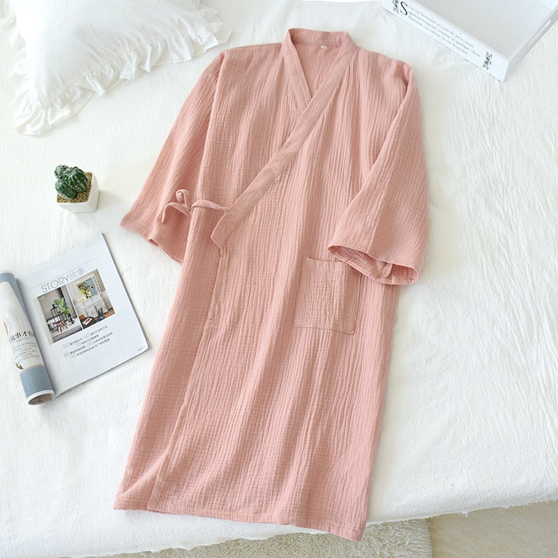 spring and summer new 100% cotton crepe ladies thin nightgown men bathrobe robe home service pajamas