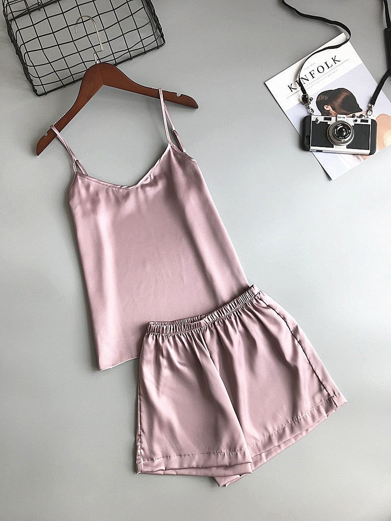 Solid Color Women Pajamas Camisole Pajama Set Woman Summer Vest Shorts Suit