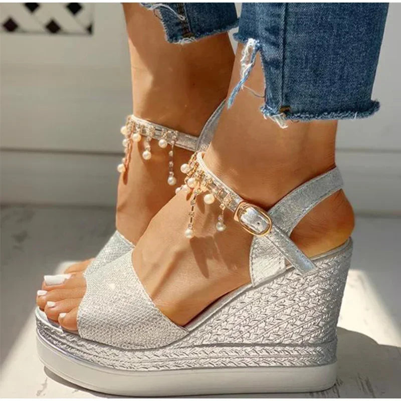 2024 New Women Wedge Sandals Summer Bead Studded Detail Platform Sandals Buckle Strap Peep Toe Thick Bottom Casual Shoes Ladies