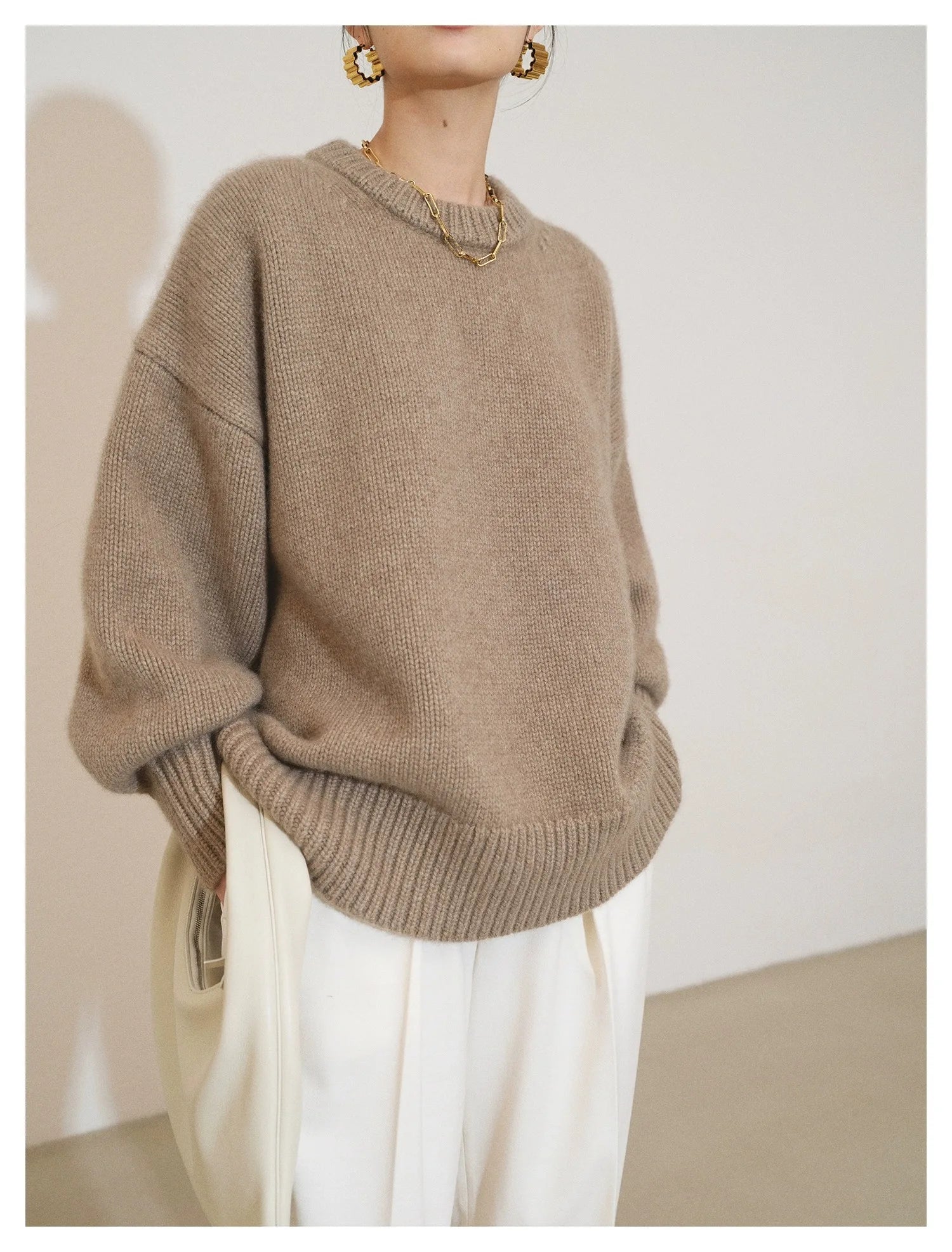 2023 European round neck 100% cashmere sweater women's thick lazy wind silhouette sweater women's loose knit base shirt