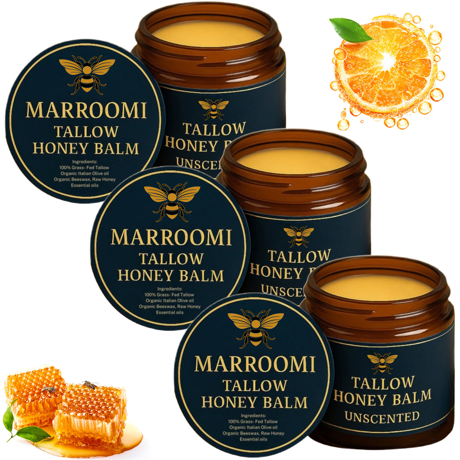 Marroomi Tallow Honey Balm, Natural Nourishment Duo, Beef Tallow for Skin, Organic Grass-Fed Beef Tallow-Balm, Soothing Moisturizing for All Skin Types