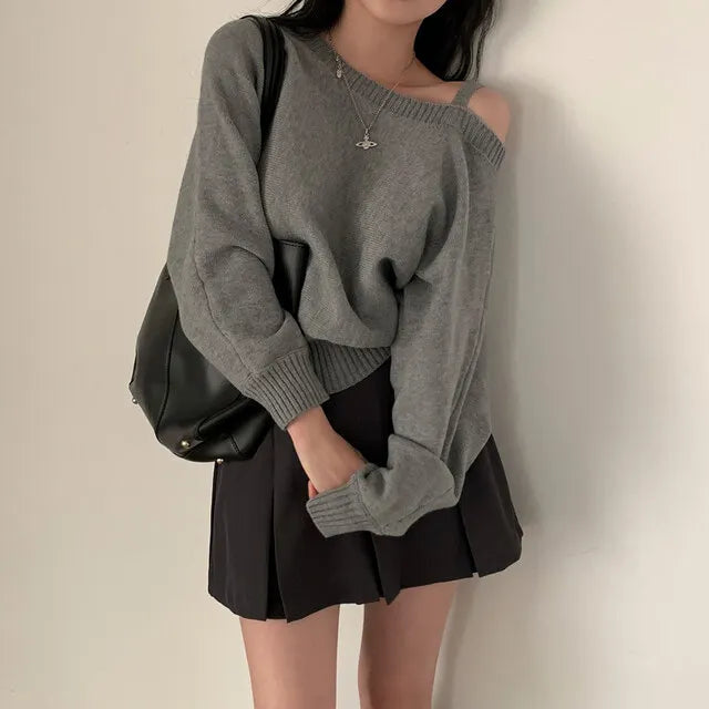 Korean Women's Off Shoulder Strap Knitwear Sweater New Design Diagonal Shoulder Short Top Elegant Sexy Bat Sleeve Sweater свитер