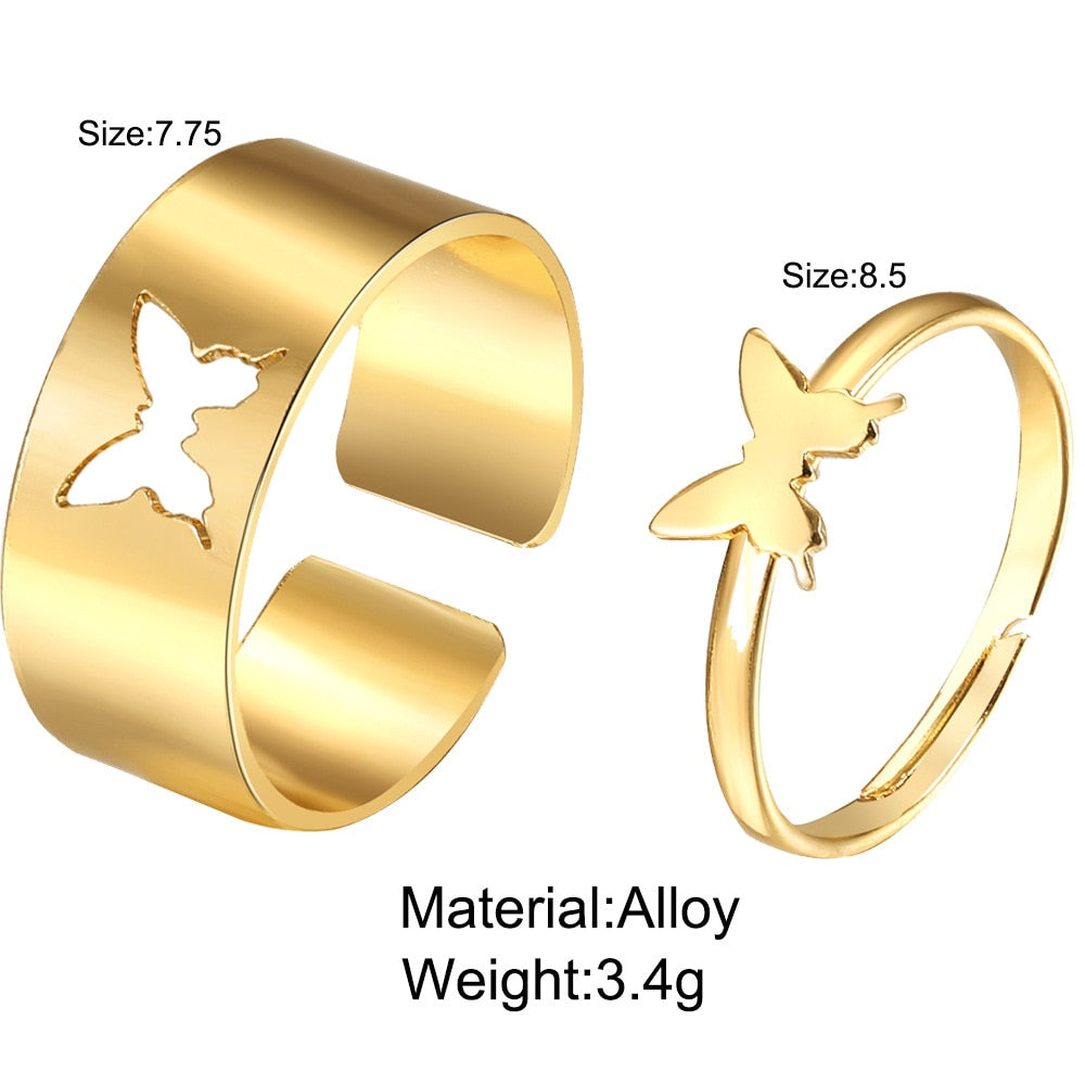 Vintage Butterfly Ring Set 2-piece Set Creative Personality Butterfly Punk Couple Open Ring