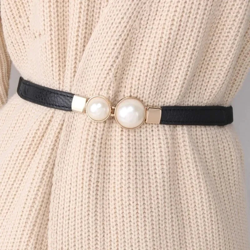 Luxury Designer Brand Ladies Pearl Buckle Waistband Thin PU Leather Belts for Women Belt Dress Skirt Waist Elastic Women Belts