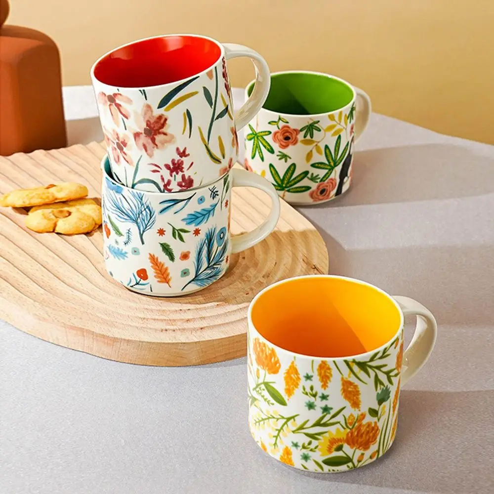 Birthday Presents Creative Ceramic Mug Floral Colored Porcelain Tea Cup Portable with Handle Water Cup Drinkware