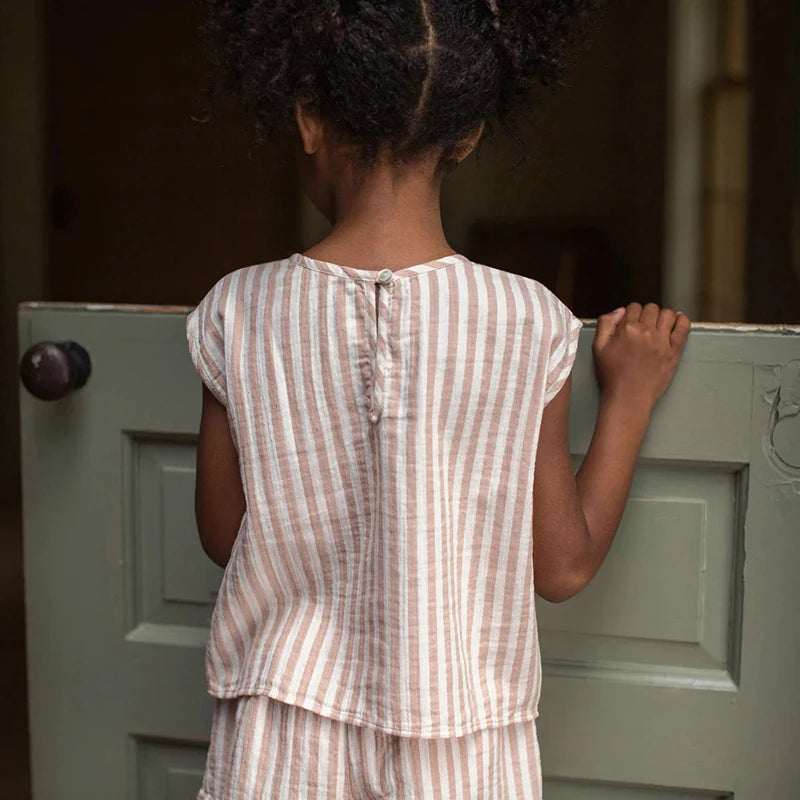 Classic Striped Sleeveless Girl's Suit 2024 Summer New Cotton Casual Mori Retro Children's Clothing Two Piece Sets