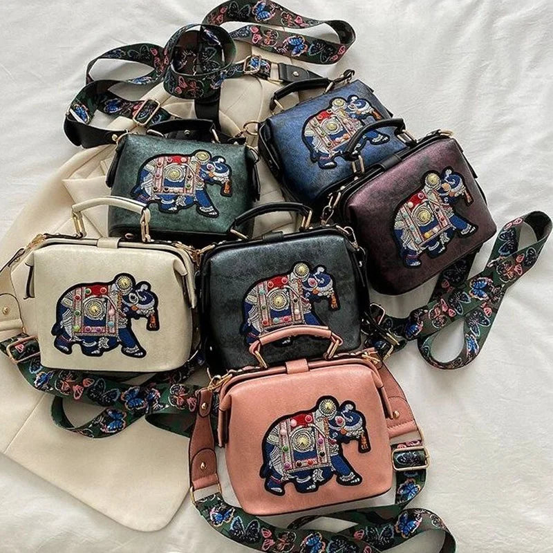 Vintage Embroidery Elephant Bag Bags Wide Butterfly Strap PU Leather Women Shoulder Crossbody Bag Tote Women's Handbags Purses