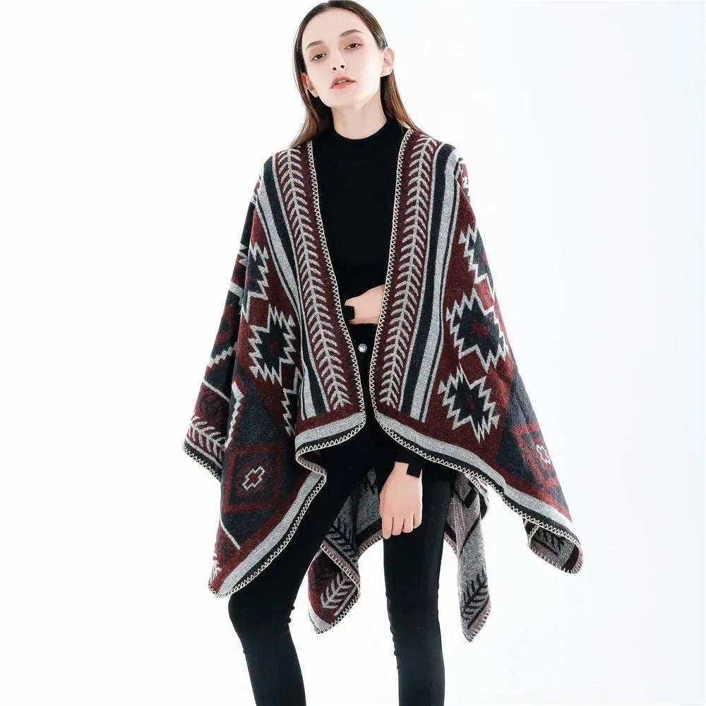 2024 Spring Autumn Geometric Puzzle Women Cloak Simple Fashion Warm Air Conditioning Shawl Travel Cloak Lady Poncho Capes Red