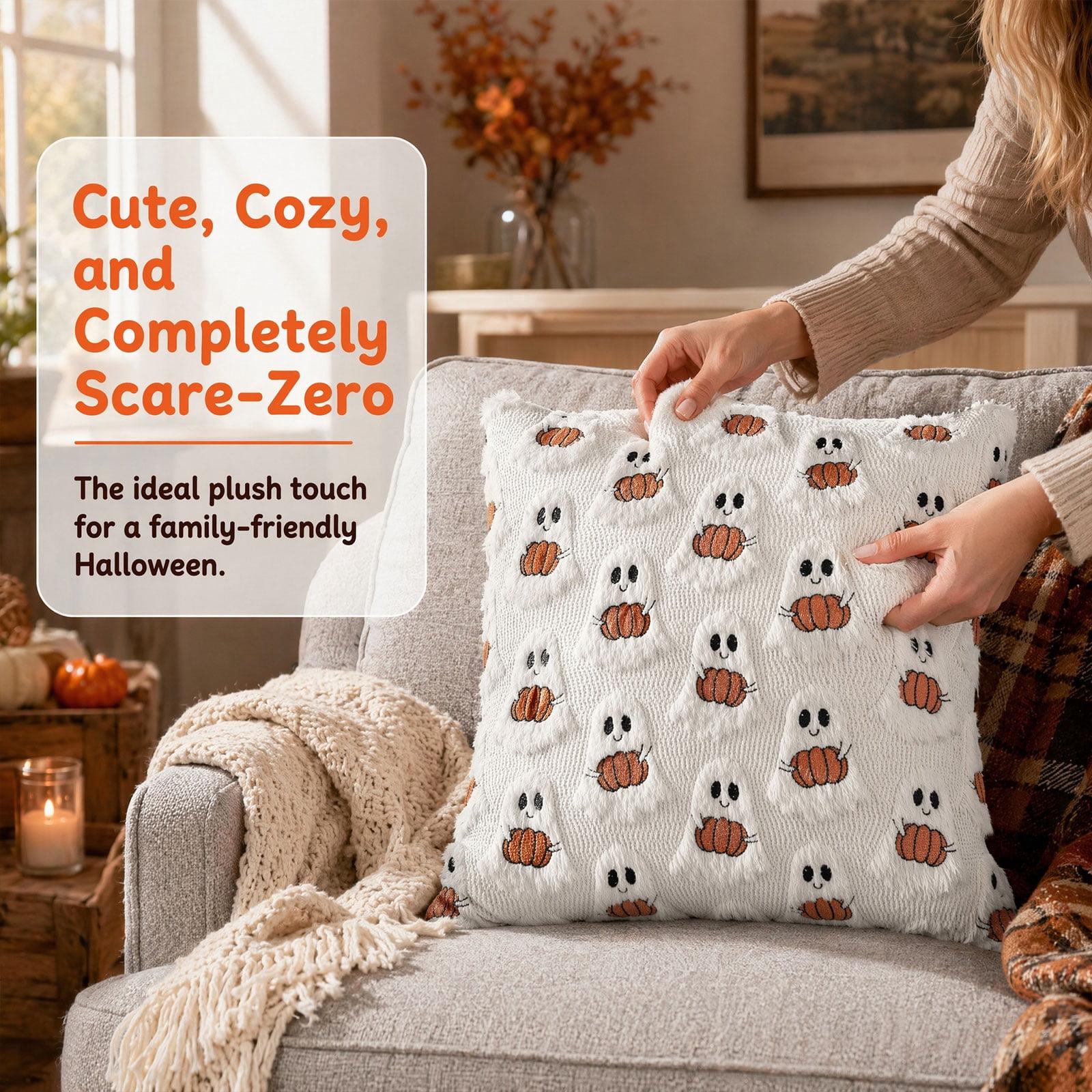 Halloween Throw Pillow Covers 18x18, Ivory Cute Ghost Hugging Pumpkin, Soft Plush for Spooky Season & Cozy Fall Decor.