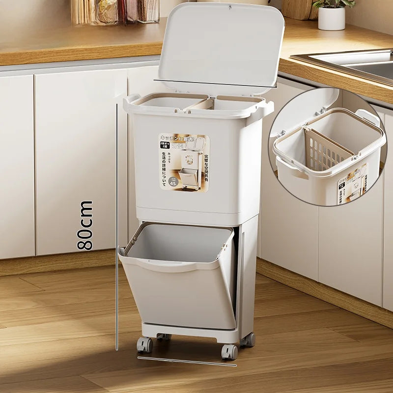 Kitchen Tra Can Large Capaci Double Layer Pr pe with Cover Easy to Move No Bending over Garbage Can for Household Use