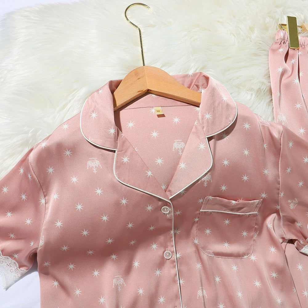 Srping New Crown Print Women Pyjamas Lace Sweet Short Sleeve Suit Pajamas Summer Satin Chiffon Soft Touch Sleepwear