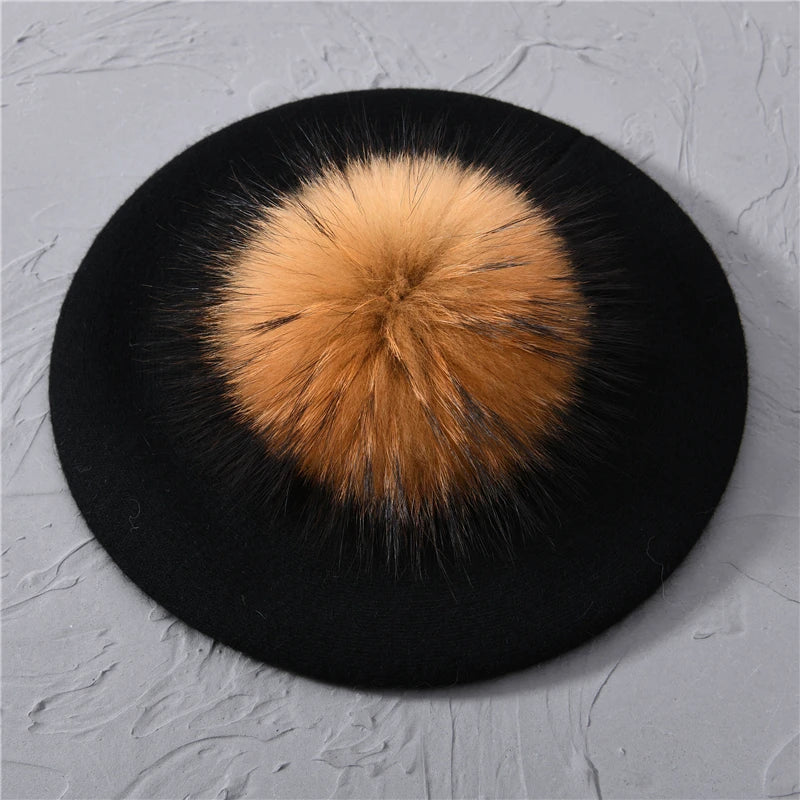 Jaxmonoy Winter Female Beret Women Hat Big Real Raccoon Fur Pompom Beret Wool Cashmere Natural Fur Ball Fashion Beret Cap Female