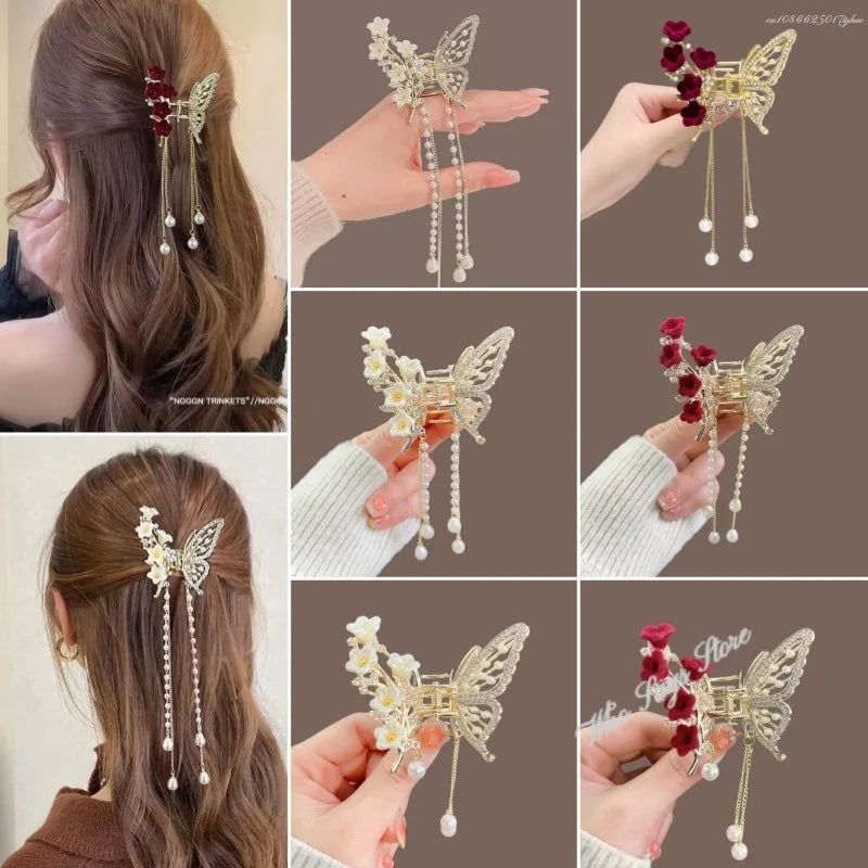 Exquisite Rhinestone Butterfly Fringe Hair Claw Clips Korean New Ponytail Braid Pearl Hairpin Girl Crab Metal Headdress Gift