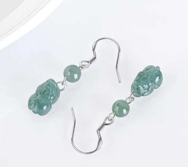 Blue Myanmar Jade Pixiu Earrings Luxury Gemstone Natural Jewelry 925 Silver Real Burmese Jadeite Energy Gifts for Women