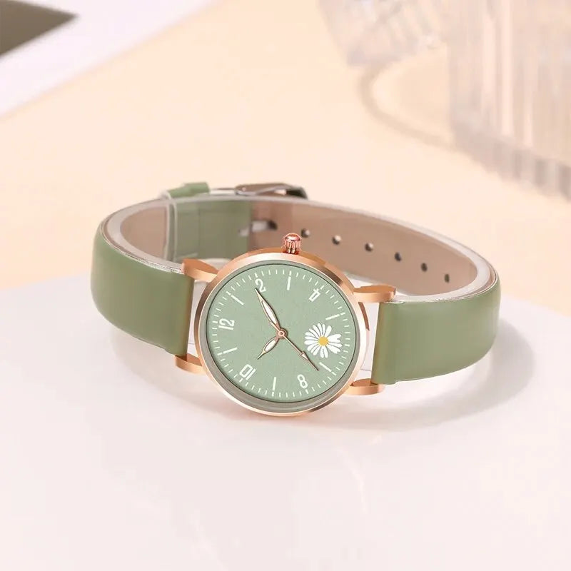 2PC Set Small Daisies Bracelet Watch Women Fashion Casual Leather Watches Simple Ladies Small Dial Quartz Wristwatch Reloj Mujer