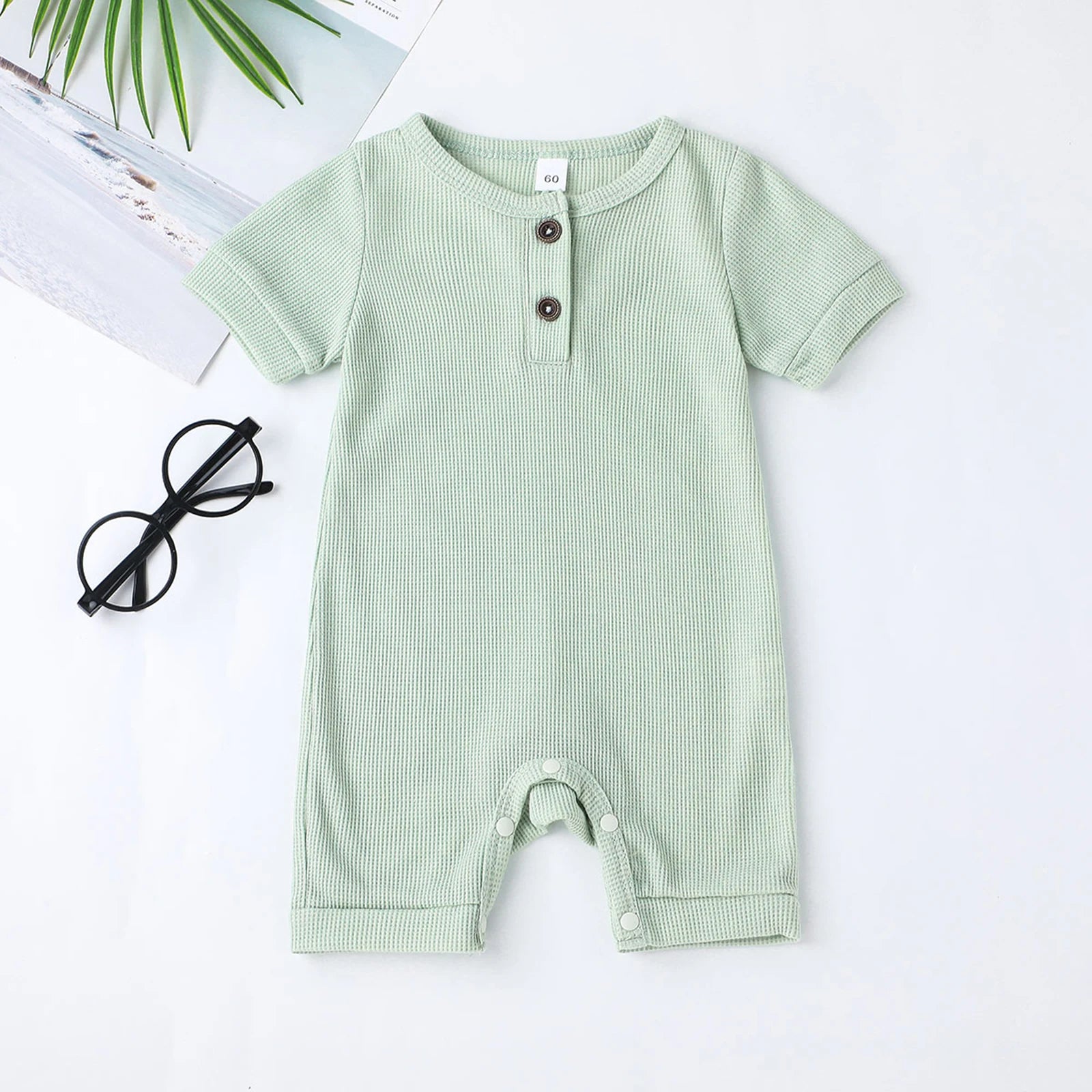 Lovely Baby Girls Boys Romper, Short Sleeve Round Neck Solid Color Ribbed Buttoned Short Pants for Summer Spring, Kids Clothing