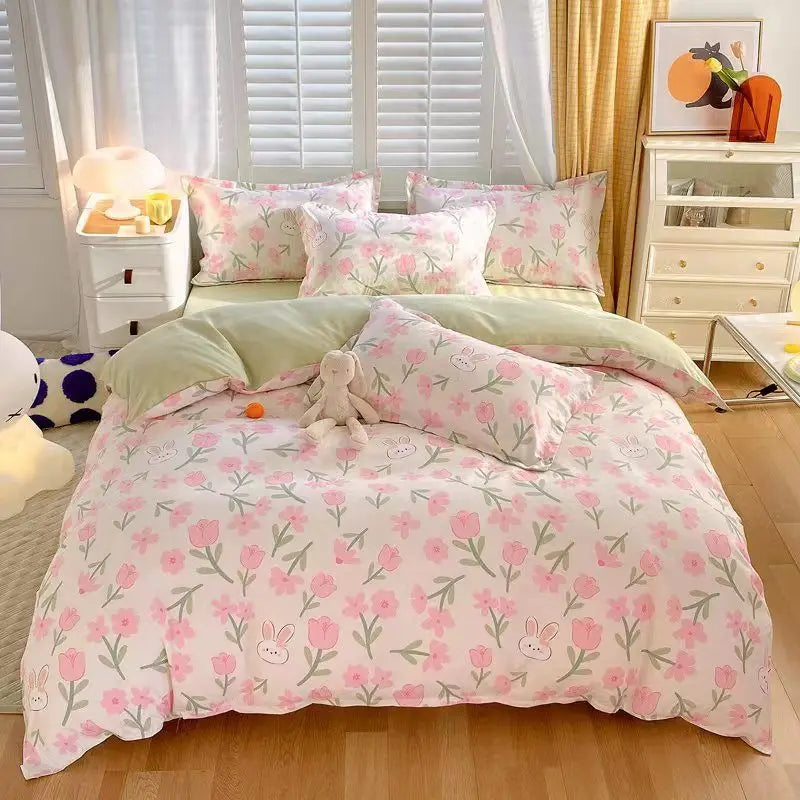 Cute Pink Strawberry Duvet Cover Flat Sheet Pillowcase Floral Bedding Set Girls Bed Linen Soft Thick Washed Cotton Bedclothes