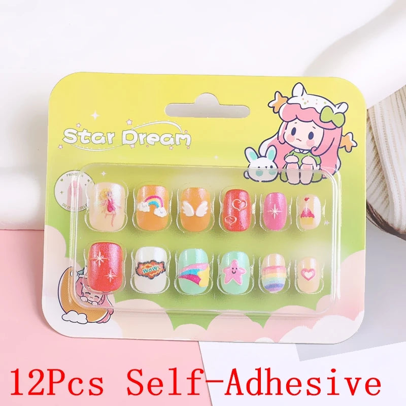 12pcs/Box Children Acrylic Fake Nails Safe Non-Toxic Adhesive Fake Nail DIY Artificial Fingernails for Girls Children's Day Gift