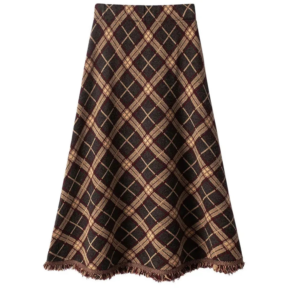 Winter Knitted Tassel A-Line Long Skirts Women Printing Plaid Skirt Female Autumn High Waist Warm Skirt Elegant Office Lady Saia